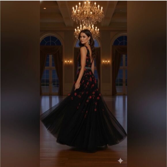 NWT Size 4 Ellie Wilde floral embroidered ball gown crystal belt v neck - Picture 8 of 9